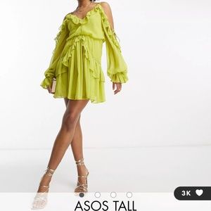 ASOS DESIGN Tall studded tie detail ruffle wrap mini dress in olive
